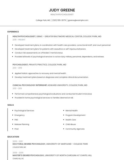 Health Psychologist Resume