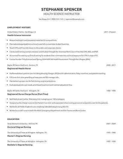 Health Science Instructor Resume