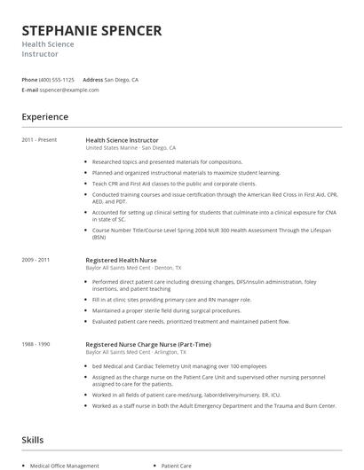 Health Science Instructor Resume