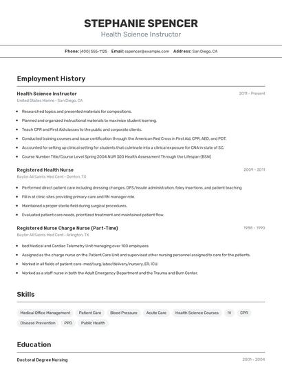 Health Science Instructor Resume