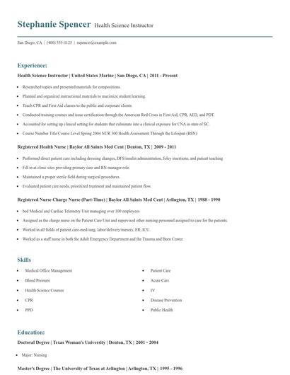 Health Science Instructor Resume
