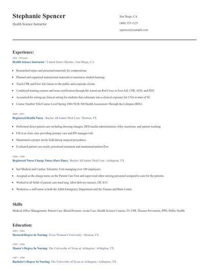 Health Science Instructor Resume