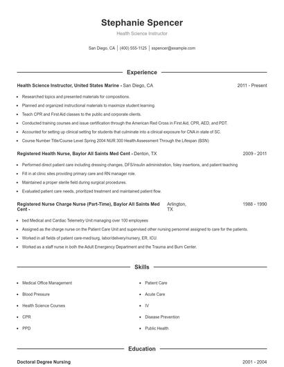 Health Science Instructor Resume