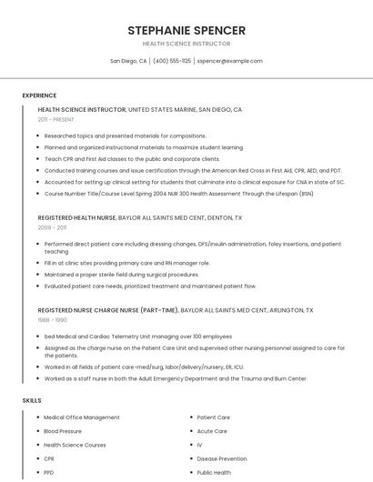 Health Science Instructor Resume