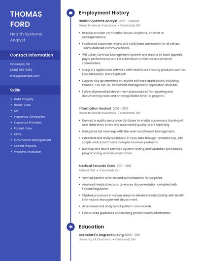 Health Systems Analyst Resume