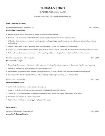 Health Systems Analyst Resume