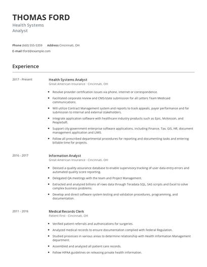 Health Systems Analyst Resume