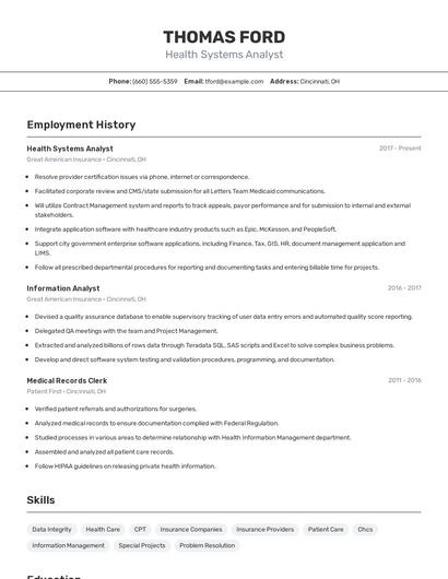 Health Systems Analyst Resume