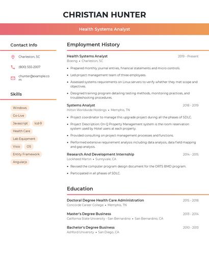 Health Systems Analyst Resume