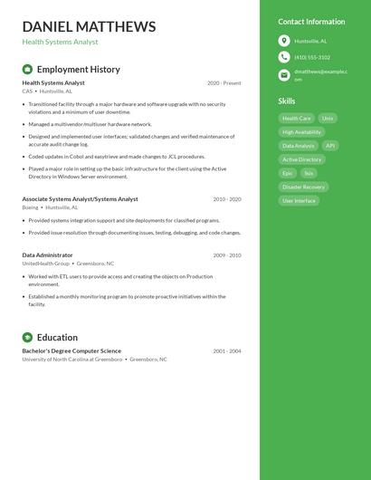Health Systems Analyst Resume