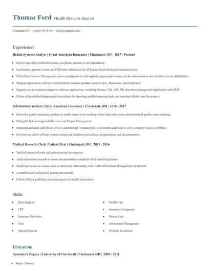 Health Systems Analyst Resume