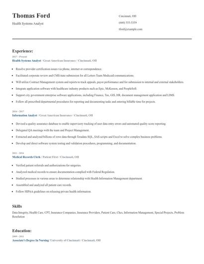 Health Systems Analyst Resume