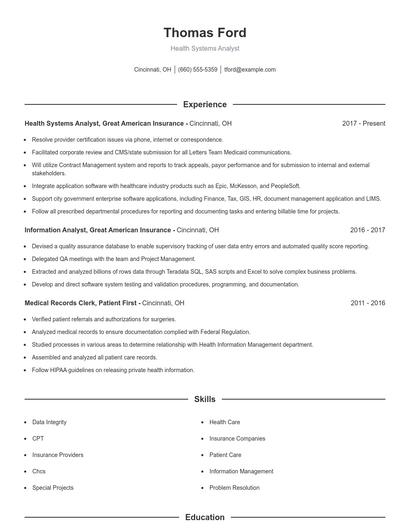 Health Systems Analyst Resume