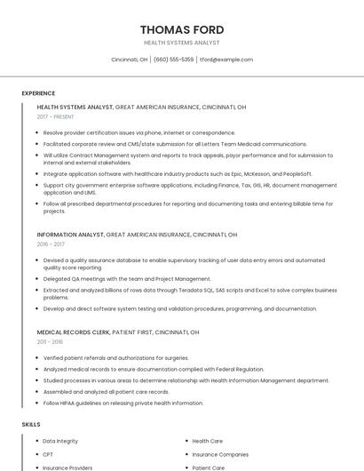 Health Systems Analyst Resume