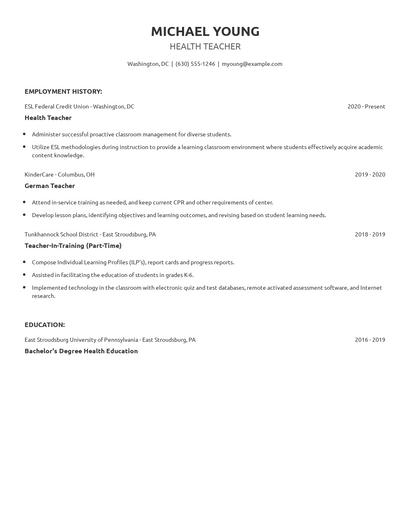 Health Teacher Resume