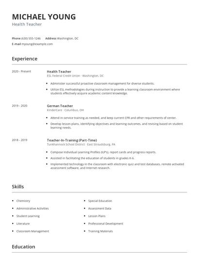 Health Teacher Resume