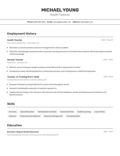Health Teacher Resume