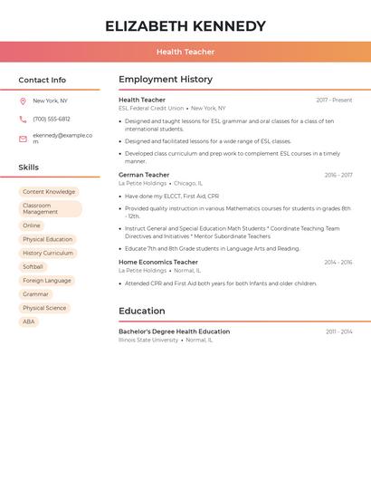 Health Teacher Resume