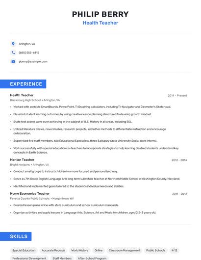 Health Teacher Resume