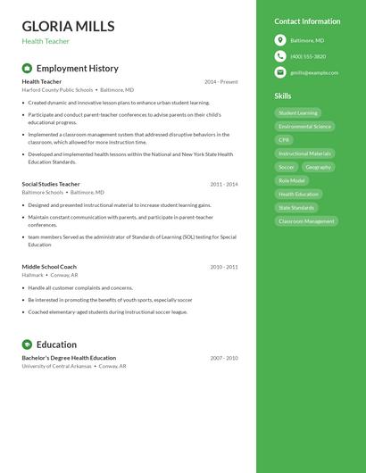 Health Teacher Resume
