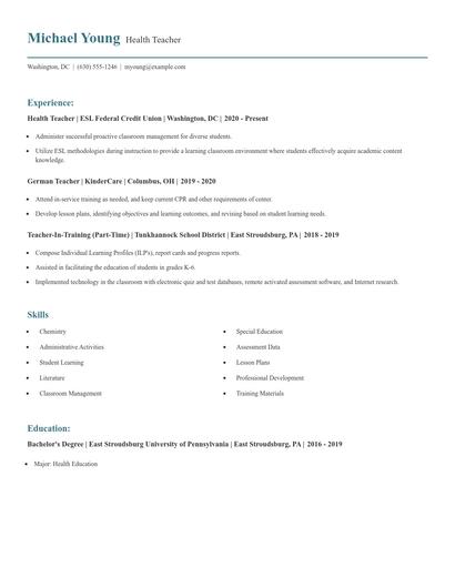 Health Teacher Resume