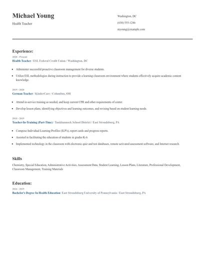 Health Teacher Resume