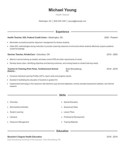 Health Teacher Resume