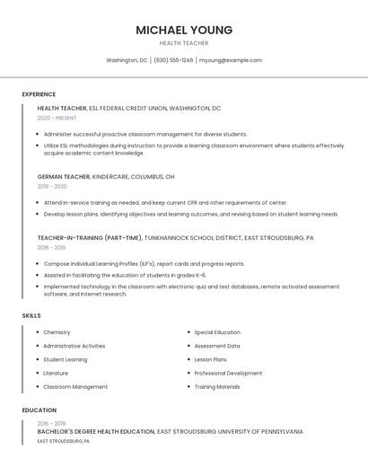 Health Teacher Resume