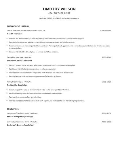 Health Therapist Resume