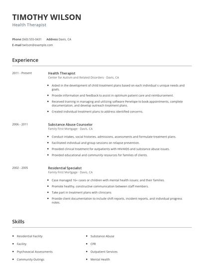 Health Therapist Resume