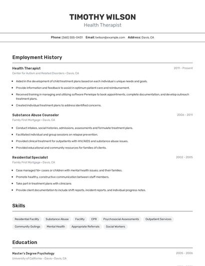 Health Therapist Resume
