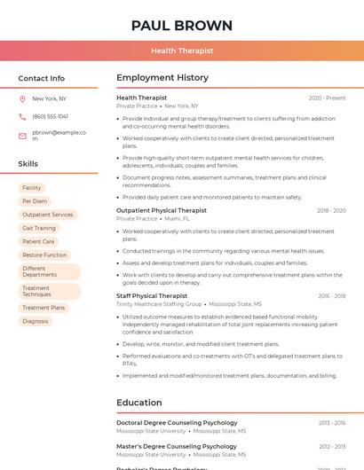 Health Therapist Resume