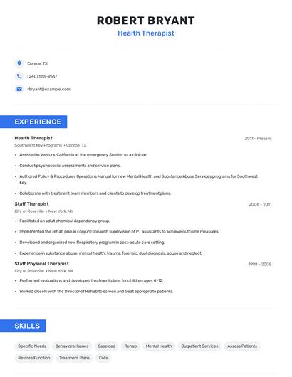 Health Therapist Resume