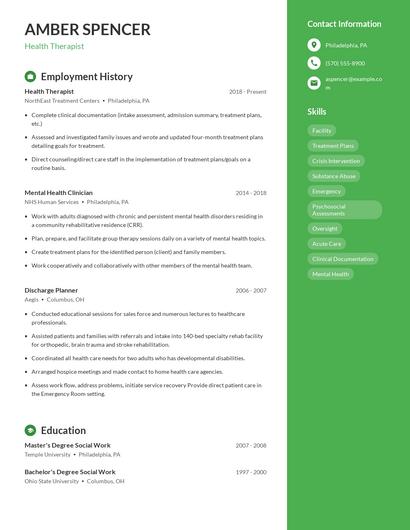 Health Therapist Resume
