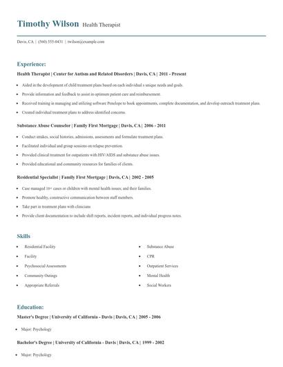 Health Therapist Resume