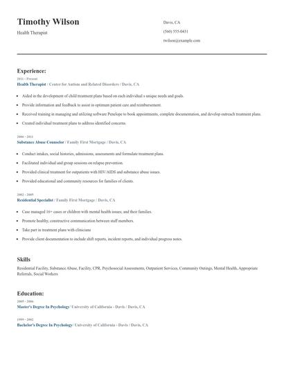 Health Therapist Resume