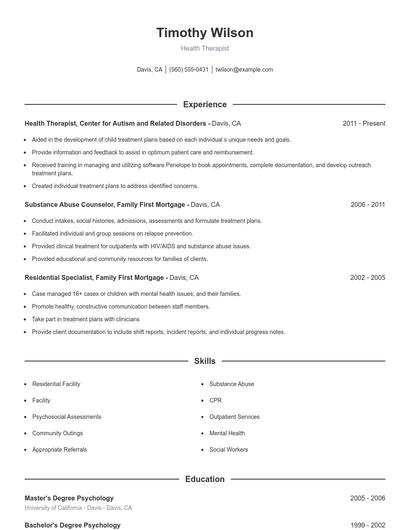 Health Therapist Resume