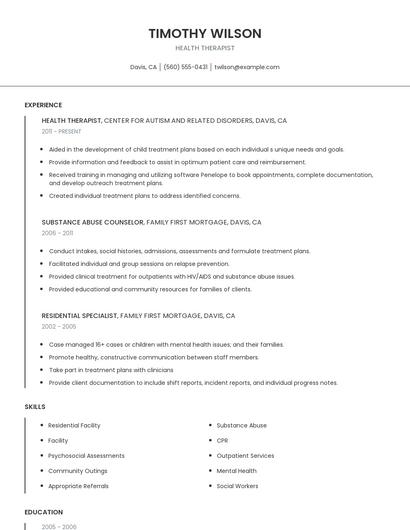 Health Therapist Resume