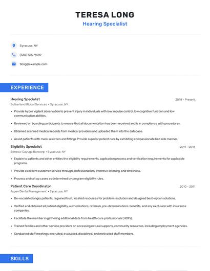 Hearing Specialist Resume