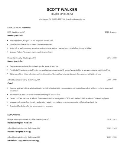 Heart Specialist Resume
