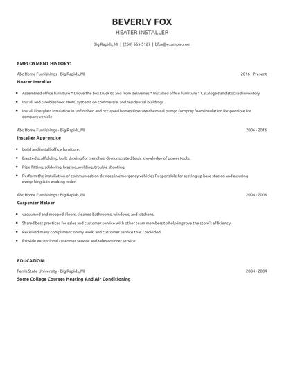 Heater Installer Resume
