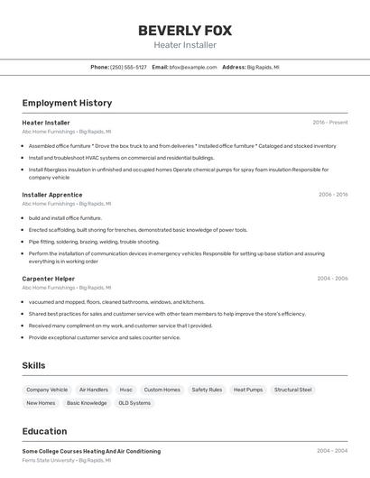 Heater Installer Resume