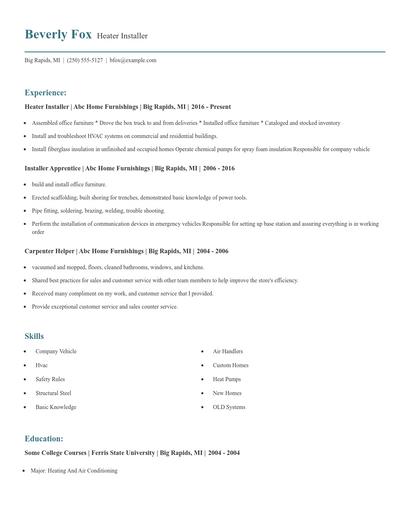 Heater Installer Resume