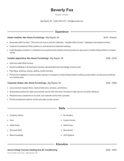 Heater Installer Resume