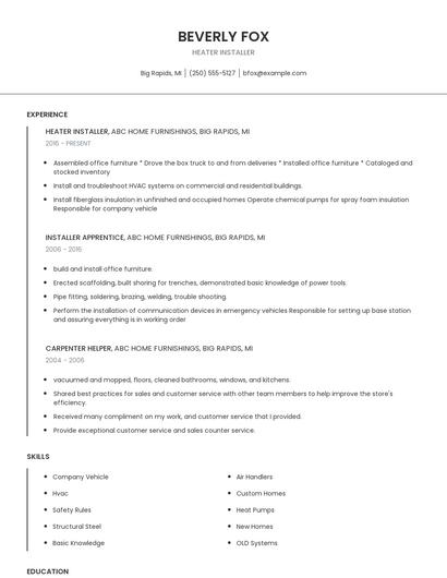 Heater Installer Resume