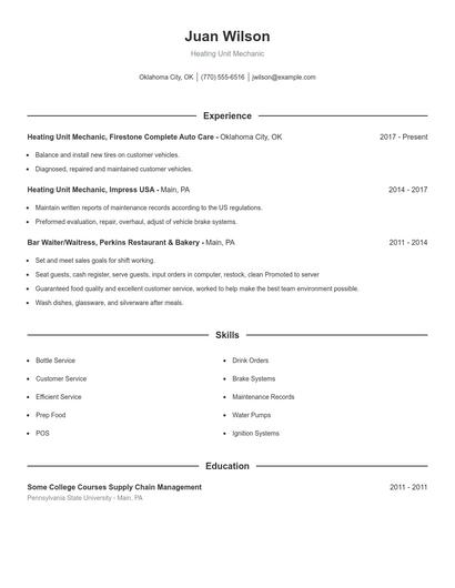 Heating Unit Mechanic Resume