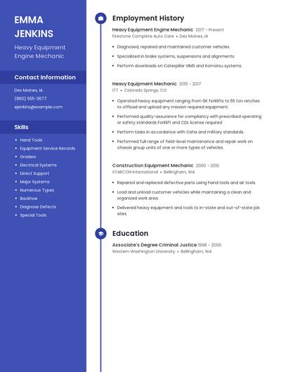 Heavy Equipment Engine Mechanic Resume