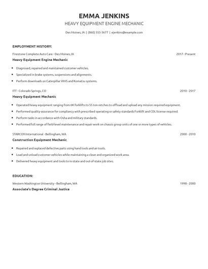Heavy Equipment Engine Mechanic Resume