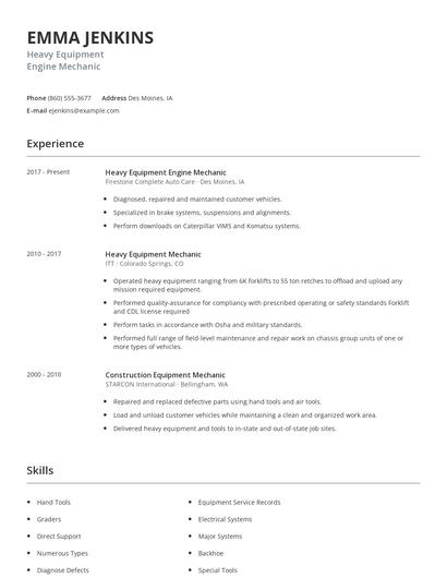 Heavy Equipment Engine Mechanic Resume