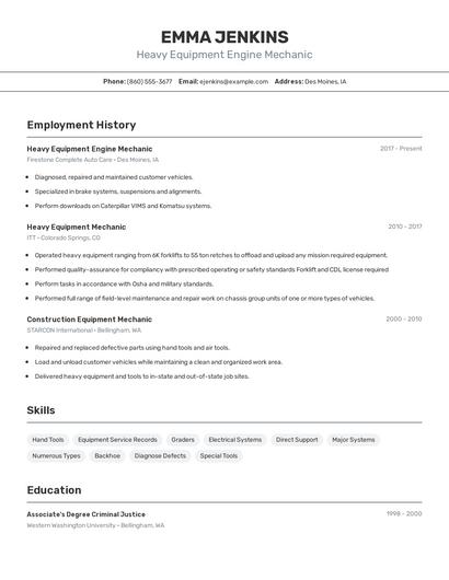 Heavy Equipment Engine Mechanic Resume